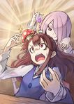  brown_hair d: emphasis_lines hair_over_one_eye kagari_atsuko little_witch_academia long_hair luna_nova_school_uniform multiple_girls mushroom mushroomized open_mouth pale_skin pinky_out ponytail potion purple_hair red_eyes shouma_(bravespiritya) smile sparkle sucy_manbavaran sweatdrop uniform 