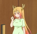  1girl 4chan animated animated_gif blonde_hair blush breasts dragon_girl dragon_horns happy heart horns kobayashi-san_chi_no_maidragon large_breasts long_hair orange_eyes smile solo tagme tail tooru_(maidragon) 