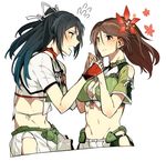  amagi_(kantai_collection) asakawa_(outeq) bare_shoulders black_hair blue_eyes blush breasts cleavage_cutout commentary crop_top detached_sleeves fingerless_gloves flower flying_sweatdrops from_side gloves hair_between_eyes hair_flower hair_ornament hair_ribbon hip_vent holding_hands japanese_clothes kantai_collection katsuragi_(kantai_collection) large_breasts leaning_forward long_hair looking_at_another midriff mole mole_under_eye multiple_girls navel open_mouth ponytail remodel_(kantai_collection) ribbon white_ribbon yuri 