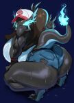 alternate_species anthro big_breasts big_butt bodily_fluids bottomwear breasts brown_hair butt clothed clothing female fire flaming_tail furrification generation_6_pokemon gesture hair hand_gesture hat headgear headwear hi_res hilda_(pokemon) hildazard huge_breasts huge_butt lightsource looking_at_viewer looking_back looking_back_at_viewer mega_charizard mega_charizard_x mega_evolution muscular muscular_anthro muscular_female nintendo pokemon pokemon_(species) red_eyes shorts simple_background solo sweat sweatdrop sweaty_butt tail thick_thighs torn_bottomwear torn_clothing torn_shorts v_sign