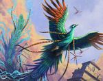  avian beak bird building christopher_burdett cloudscape feral flying group low-angle_view magic_the_gathering official_art peafowl signature size_difference sky solo_focus 