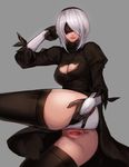  absurdres ass black_dress black_legwear blindfold breasts censored cleavage dress grey_background hairband highres kibellin large_breasts leotard lips long_hair mosaic_censoring nier_(series) nier_automata pussy silver_hair simple_background solo spread_pussy thighhighs thighs white_leotard yorha_no._2_type_b 