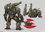  1other armor atlan_(doom_eternal) axe concept_art copyright_name doom_(series) doom_eternal emerson_tung energy_axe energy_gun energy_weapon english_text engraved from_behind grey_background height_difference highres holding holding_axe holding_weapon horns logo mark_of_the_doom_slayer mecha mecha_focus mechanical_arms mechanical_hands mechanical_legs pauldrons robot science_fiction shoulder_armor shoulder_cannon standing weapon 