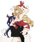  2girls antlers blonde_hair blue_eyes blue_hair blush breasts clorinde_(genshin_impact) closed_eyes dress fake_antlers genshin_impact gloves hat heart highres horns long_hair multiple_girls navia_(genshin_impact) one_eye_closed parkeeer parted_lips reindeer_antlers santa_dress santa_gloves santa_hat teeth twitter_username yuri 