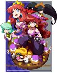  2boys 4girls absurdres ashley_(warioware) bandana big_hair big_nose black_hair blue_eyes blue_eyeshadow bomb breasts brown_hair captain_syrup cleavage coin crown curly_hair dress earrings elbow_gloves explosive eyeshadow facial_hair gloves gold_coin green_dress green_eyes green_hair hairband hat highres holding holding_bomb jewelry lipstick long_hair makeup multiple_boys multiple_girls mustache neckerchief octopus_earrings pink_dress pirate_goom pointy_ears princess_shokora purple_bandana queen_merelda red_(warioware) red_dress red_eyes red_hair red_lips sakurajyousui_nami short_hair skull smile stepped_on twintails wario wario_land wario_land:_shake_it! wario_land_4 warioware white_gloves 
