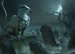  avian beak daniel_ljunggren feral graveyard gryphon harness landscape looking_away magic_the_gathering moon night official_art quadruped solo standing tombstone tree 