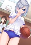  alternate_costume ball basketball basketball_hoop blue_buruma blue_eyes blush breasts brown_hair buruma eyes_visible_through_hair gym_uniform hair_ornament hair_over_one_eye hairclip hamakaze_(kantai_collection) hand_on_hip isokaze_(kantai_collection) kantai_collection large_breasts long_hair multiple_girls red_eyes short_hair silver_hair sweat yasuto_(eria151) 