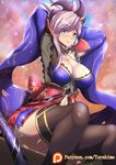  armpits arms_up asymmetrical_hair backlighting black_legwear blush breasts cleavage detached_sleeves earrings fate/grand_order fate_(series) floral_print hair_ornament highres japanese_clothes jewelry katana kimono large_breasts long_sleeves looking_at_viewer magatama miyamoto_musashi_(fate/grand_order) navel pink_hair ponytail purple_eyes ribbon sash sitting smile solo sword thighhighs torahime_(roland00) weapon 