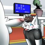 1:1 2024 alliartist anthro balls black_clothing blue_eyes blush bodily_fluids book book_stack brown_hair canid canine canis carpet changed_(video_game) clothed clothing colored computer crotch_tuft cum cum_on_face digital_drawing_(artwork) digital_media_(artwork) dr._k_(changed) duo ejaculation electronics erection faceless_anthro faceless_character faceless_male fur genital_fluids genitals hair humanoid_genitalia humanoid_penis lin_(changed) loss male male/male mammal meme nude_anthro nude_male one_eye_closed open_mouth penis plant plant_pot potted_plant tail tree tuft white_body white_fur wolf