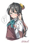  1girl apollo_chocolate bangs black_hair blue_bow blue_neckwear blush bow bowtie chocolate collared_shirt ebifurya eyebrows_visible_through_hair grey_eyes hair_bow hand_up highres holding kantai_collection long_hair long_sleeves looking_at_viewer multicolored_hair naganami_(kantai_collection) open_mouth pink_hair shirt sidelocks simple_background sleeveless solo speech_bubble spoken_ellipsis sweat translated twitter_username two-tone_hair upper_body white_background white_shirt yellow_bow 