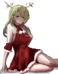  1girl absurdres antlers arm_strap braid braided_bangs branch ceres_fauna commentary dress earrings ethizal expressionless green_eyes green_hair hair_branch hair_over_one_eye hand_on_own_chest hand_up highres hololive hololive_english horns jewelry long_hair looking_at_viewer pom_pom_(clothes) red_dress santa_dress simple_background sitting sleeveless sleeveless_dress solo thighs tree_horns virtual_youtuber white_background 