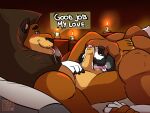  4:3 after_oral alex_(madagascar) anthro anthro_on_anthro barazoku bed blush bodily_fluids candle canid canine canis cum cum_in_mouth cum_inside cum_on_face cum_on_penis daddy_buck danyredlion dialogue domestic_dog dreamworks duo english_text facial_hair feet felid foot_on_back furniture genital_fluids genitals hand_holding hand_on_belly hi_res jewelry lion madagascar_(series) male male/male mammal mane mature_male molosser mountain_dog muscular muscular_anthro muscular_male mustache mutton_chops necklace nipples pantherine pecs penis pubes romantic romantic_ambiance romantic_couple romantic_sex saint_bernard slightly_chubby slightly_chubby_anthro slightly_chubby_male smile speech_bubble tail talking_to_another talking_to_partner tattoo text tongue tongue_out whiskers 