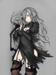  black_dress breasts cleavage dress fatuus garter_straps grey_background grey_hair hair_over_one_eye highres holding_skull lolita_fashion long_hair maria_goodhope medium_breasts original pale_skin pink_eyes signature simple_background sketch skull smirk solo tendrils thighhighs zettai_ryouiki 