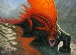  christopher_burdett claws crest feral forked_tongue lizard looking_at_viewer magic_the_gathering official_art open_mouth quadruped reptile scalie sharp_teeth signature snarling solo teeth tongue 