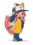  1girl baseball_cap blue_footwear blue_gloves blue_hat boots commentary_request elbow_gloves fang full_body gloves hand_on_own_hip hand_up hat highres inari1369 lifebuoy long_hair looking_at_viewer octoling octoling_girl octoling_player_character one_eye_closed open_mouth overalls pink_hair rubber_boots rubber_gloves salmon_run_(splatoon) shirt simple_background smile solo splatoon_(series) splatoon_3 standing swim_ring tentacle_hair v white_background white_shirt yellow_eyes yellow_overalls 