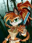  2017 anthro black_nose breasts cleavage clothed clothing feline female fur green_eyes hair jt-metalli mammal melee_weapon midriff navel orange_fur orange_hair solo sword tiger weapon 