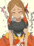  1boy 1girl black_shirt breasts brown_hair cowgirl_position dark-skinned_female dark_skin gradient_hair highres multicolored_hair orange_hair orla_(pokemon) pokemon pokemon_(anime) pokemon_horizons sex shirt simesaba_(xwdt4337) smile straddling sweat 