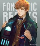  artist_name blue_eyes bow bowtie bowtruckle brown_hair coat copyright_name fantastic_beasts_and_where_to_find_them grey_background jippei leaf male_focus newt_scamander niffler 