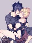  2boys black_hair blonde_hair blush bottomless final_fantasy final_fantasy_xv looking_at_viewer male_focus multiple_boys noctis_lucis_caelum open_mouth prompto_argentum sitting sitting_on_person sweat undressing yaoi 