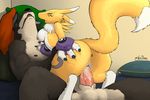  anthro balls bed big_breasts blue_eyes body_hair breasts brown_fur butt canine cap.grolarbear chest_hair cum cum_inside digimon duo female fox fur lying male male/female mammal nipples on_bed open_mouth pecs penetration penis pillow pussy renamon sex simple_background wolf yellow_fur 