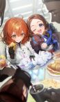  1boy 3girls ahoge animal black_bow black_gloves blue_eyes blue_gloves blush bow breasts brown_dress brown_hair coffee coffee_mug coffee_pot cup dress eating elbow_gloves fate/grand_order fate_(series) food forehead fou_(fate) fujimaru_ritsuka_(female) fujimaru_ritsuka_(female)_(decisive_battle_chaldea_uniform) galibo gloves hair_bow jacket leonardo_da_vinci_(fate) leonardo_da_vinci_(rider)_(fate) leonardo_da_vinci_(rider)_(first_ascension)_(fate) long_hair long_sleeves medium_breasts mug multiple_girls official_art one_eye_closed open_mouth orange_eyes orange_hair parted_bangs plate ponytail puff_and_slash_sleeves puffy_short_sleeves puffy_sleeves red_skirt sherlock_holmes_(fate) short_hair short_sleeves skirt small_breasts smile sparkle table white_jacket 