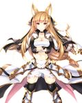  absurdres animal_ears black_legwear braid breasts brown_hair calzooone cleavage crossed_arms erune feet_out_of_frame fox_ears gold_trim granblue_fantasy gunbuster_pose highres large_breasts long_hair looking_at_viewer low-tied_long_hair midriff navel simple_background smile solo thighhighs white_background yuisis_(granblue_fantasy) 