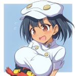  1girl aether_foundation_employee black_fur black_hair blue_background border breast_rest breasts breasts_on_head brown_eyes commentary curakuru dark-skinned_female dark_skin duplicate hat jacket large_breasts litten open_mouth outside_border pokemon pokemon_(creature) pokemon_sm red_fur short_hair short_sleeves side_slit two-tone_fur upper_body white_border white_hat white_jacket yellow_eyes 
