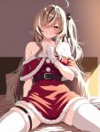  1girl absurdres ahoge armpit_crease bare_shoulders belt black_belt black_hair black_ribbon blush breath brown_hair closed_mouth collarbone dress embarrassed fur-trimmed_dress fur_trim gloves hair_over_one_eye hair_ribbon hand_up highres hololive hololive_english itsrice looking_at_viewer multicolored_hair nanashi_mumei no_bra on_bed one_side_up red_dress ribbon santa_dress sitting skindentation smile solo strapless strapless_dress streaked_hair sweatdrop thigh_strap thighhighs white_gloves white_hair white_thighhighs yellow_eyes 