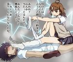  1boy 1girl blindfold blush brown_eyes brown_hair feet foot_licking foot_on_head foot_worship kamijou_touma loafers lumina_(artist) lying misaka_mikoto on_back on_floor school_uniform shoes_removed short_hair single_shoe sitting smell socks socks_removed steam to_aru_majutsu_no_index translated white_legwear 