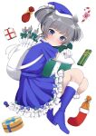  1girl blue_dress blue_eyes blue_hat box christmas_stocking dress elbow_gloves frilled_dress frills fur-trimmed_headwear fur_trim gift gift_box gloves grey_hair hat i-36_(christmas_mode)_(kancolle) i-36_(kancolle) kantai_collection looking_at_viewer official_alternate_costume sack santa_dress santa_hat short_hair simple_background solo twintails white_background white_gloves yomogi_dango 