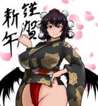  alternate_costume bangs bird_wings black_hair black_kimono black_wings blush breasts calligraphy_brush covered_nipples cowboy_shot floral_print fundoshi hair_between_eyes hand_on_hip hand_up hat hips huge_breasts japanese_clothes kimono long_sleeves looking_at_viewer looking_down obi paintbrush petals red_eyes sash shameimaru_aya shiny shiny_hair short_kimono smile solo thighs tokin_hat torii5011 touhou translation_request white_background wide_sleeves wings 