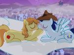  2017 blue_hair blush braeburn_(mlp) building castle cloud cutie_mark duo earth_pony equine eyes_closed feathered_wings feathers feral friendship_is_magic fur grey_feathers grey_fur hair hat horn horse house kissing landscape male mammal mountain multicolored_hair my_little_pony outside pegasus pony ponyville shutterflyeqd sky soarin_(mlp) town wings wonderbolts_(mlp) yellow_fur 