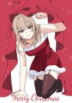  1girl absurdres bare_arms black_thighhighs blush closed_mouth commentary_request cursive curtains dress english_text girls_band_cry grey_eyes grey_hair habsida_(habsida_hpy) highres kawaragi_momoka kneeling korean_commentary looking_at_viewer merry_christmas red_dress santa_dress simple_background solo strapless strapless_dress sweatdrop thighhighs white_background 