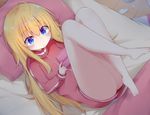  :/ barefoot blonde_hair blue_eyes blurry blush closed_mouth crossed_legs depth_of_field eyebrows_visible_through_hair from_above frown full_body gabriel_dropout hair_between_eyes handheld_game_console highres kyuukon_(qkonsan) long_hair long_sleeves lying on_back on_bed pillow playing_games solo tenma_gabriel_white very_long_hair wooden_floor 