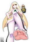  1girl barefoot blonde_hair blush feet from_below green_eyes grin hand_on_hip holding_shoes long_hair looking_at_viewer looking_down lusamine_(pokemon) no_shoes pokemon pokemon_(game) pokemon_sm pov pov_feet shoes_removed single_shoe soles toes yuzu_gin_(pika97) 