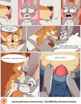  2017 anthro blush breasts canine comic cunnilingus disney english_text eyes_closed fangs female fox green_eyes judy_hopps lagomorph male male/female mammal nick_wilde nipples nude one_eye_closed open_mouth oral patreon penis purple_eyes pussy rabbit sex teeth text tongue tongue_out vaginal xnirox zootopia 