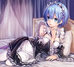  :d apron arm_support bed bedroom black_ribbon blue_eyes blue_hair blurry bow breasts curtains depth_of_field detached_sleeves frilled_sleeves frills hair_between_eyes hair_ornament hairband indoors maid medium_breasts on_bed open_mouth pantyhose pillow purple_ribbon re:zero_kara_hajimeru_isekai_seikatsu rem_(re:zero) ribbon ribbon-trimmed_clothes ribbon_trim short_hair smile solo waist_apron white_apron white_bow white_legwear yuya_(night_lily) 