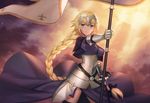  armor armored_dress black_legwear blonde_hair blue_eyes braid capelet dusk fate/apocrypha fate_(series) faulds flag gauntlets headpiece jeanne_d'arc_(fate) jeanne_d'arc_(fate)_(all) lazuri7 light_rays long_hair looking_at_viewer sheath sheathed single_braid sky smile solo sunbeam sunlight sword thighhighs very_long_hair weapon wind 