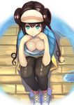  1girl areolae breasts brown_hair double_bun frilled_skirt hair_bun hat highres mei_(pokemon) nipples player_character pokemon pokemon_(game) pokemon_bw2 shirt shoes sitting skirt smile sneakers solo thighhighs tomoki_(omaenoie) visor_cap water 