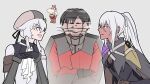  1boy 3girls animal_ears armored_leotard bare_shoulders beret black_cape black_gloves black_hair bluebeel2 body_armor braid breasts brown_gloves cape cleavage cleavage_cutout closed_mouth clothing_cutout commander_(girls&#039;_frontline) crossed_arms dark-skinned_female dark_skin english_commentary fake_animal_ears full_body girls&#039;_frontline girls&#039;_frontline_2:_exilium gloves grey_background grey_hair hair_between_eyes hat interlocked_fingers jacket just_a_chill_guy_(meme) krolik_(girls&#039;_frontline_2) ksvk_(girls&#039;_frontline) leotard long_hair looking_at_another mechanical_ears meme motion_blur motion_lines multiple_girls nemesis_(girls&#039;_frontline_2) open_mouth parted_lips playboy_bunny rabbit_ears short_hair simple_background smile tactical_playboy_bunny upper_body 