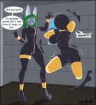  2024 anthro arms_tied avian bat big_breasts bird bitchsuit black_clothing black_latex black_skinsuit blue_eyes bodysuit bondage_gear bound breasts clothed clothed_anthro clothed_female clothing corvid corvus_(genus) crow dialogue digitigrade duo encasement english_text female green_hair grey_body gridbull hair hi_res latex latex_clothing latex_manipulation latex_skinsuit legs_tied mammal megabat nipple_outline oscine passerine shotty_the_fruit_bat skinsuit speech_bubble standing text tight_clothing 