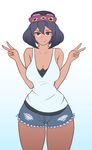  1girl bare_shoulders blue_eyes blue_hair breasts cleavage closed_mouth curvy dark_skin denim highres hips large_breasts looking_at_viewer pokemon pokemon_(game) pokemon_sm purple_eyes purple_hair short_hair shorts simple_background sina_(pokemon) sleeveless smile solo sunglasses sunglasses_on_head tank_top thick_thighs thighs v white_background wide_hips 