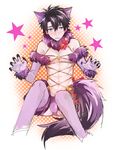  abs absurdres animal_ears bare_shoulders black_hair black_nails blue_eyes blush claws cosplay dangerous_beast elbow_gloves fangs fate/grand_order fate_(series) fingernails fujimaru_ritsuka_(male) fur-trimmed_legwear fur-trimmed_sleeves fur_trim gloves halloween_costume highres long_fingernails looking_at_viewer male_focus mash_kyrielight mash_kyrielight_(cosplay) minazaka nail_polish navel purple_gloves purple_legwear revealing_clothes solo star tail thighhighs wolf_ears wolf_tail 