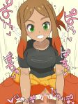 1boy 1girl black_shirt breasts brown_hair cowgirl_position dark-skinned_female dark_skin gradient_hair green_eyes highres multicolored_hair orange_hair orla_(pokemon) pokemon pokemon_(anime) pokemon_horizons sex shirt simesaba_(xwdt4337) smile straddling sweat 