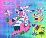 2021 3_fingers alternate_color alternate_species anthro artist_name bandai_namco black_claws black_nose blue_eyes blue_eyewear blue_markings blue_sunglasses character_name chotpot claws controller crayola crayon dated digimon digimon_(species) digital_media_(artwork) doritos drugs eyewear facial_piercing fan_character fangs finger_claws fingers food frito-lay fur fur_markings gabumon game_controller green_claws green_markings green_nose_ring half-closed_eyes heart_symbol horn indica_(chotpot) light lighting male male_anthro marijuana marijuana_leaf markings model_sheet multicolored_body multicolored_fur nachos narrowed_eyes nintendo nintendo_64 nintendo_64_controller nintendo_controller no_pupils nose_piercing nose_ring notched_ear outline palm_tree piercing pink_body pink_fur pink_horn pink_tail plant pronouns psychemon purple_claws purple_markings purple_spines ring_piercing solo sunglasses tail tail_spines teeth toe_claws tree white_body white_claws white_fur white_outline yellow_horn yellow_spines