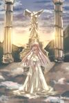  1girl absurdres angel_statue athena_(saint_seiya) broken_statue cloud cloudy_sky dress evening full_body gradient_sky green_eyes highres kei_(nvew8238) kido_saori long_dress long_hair looking_at_viewer orange_sky own_hands_together pillar purple_hair saint_seiya saint_seiya_saintia_sho sky smile solo standing sunset v_arms white_dress 