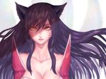  ahri animal_ears bare_shoulders black_hair breasts cleavage detached_sleeves facial_mark fox_ears fox_tail korean_clothes large_breasts league_of_legends lips long_hair multiple_tails red_hod slit_pupils solo tail whisker_markings yellow_eyes 