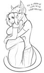  anthro beard canine clothed clothing duo english_text facial_hair feline female hug male mammal monochrome pregnant smile standing teil text 