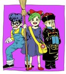  2boys bag black_hair blonde_hair blue_dress bow braid broom child chinese_clothes collarbone cosplay despicable_me diamond_wa_kudakenai double_bun dress giorno_giovanna gloves green_eyes green_hair hair_bow higashikata_jousuke ino_(iinnoo5566) jiangshi jojo_no_kimyou_na_bouken kiki kiki_(cosplay) kuujou_jolyne majo_no_takkyuubin minion_(despicable_me) minion_(despicable_me)_(cosplay) multicolored_hair multiple_boys ofuda open_mouth overalls pants pants_rolled_up pompadour purple_eyes purple_hair single_braid smile stone_ocean two-tone_hair vento_aureo white_gloves yellow_eyes younger 