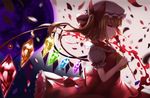  absurdres bangs blonde_hair blood blurry bow closed_mouth cravat crystal eyelashes flandre_scarlet floating_hair flower frilled_sleeves frills from_side hair_bow hat highres holding holding_flower looking_at_viewer miu_(pixiv4149478) mob_cap one_side_up petals profile puffy_short_sleeves puffy_sleeves red_eyes red_flower red_ribbon red_rose red_skirt red_vest ribbon rose shards short_sleeves skirt skirt_set smile solo touhou upper_body vest wings 